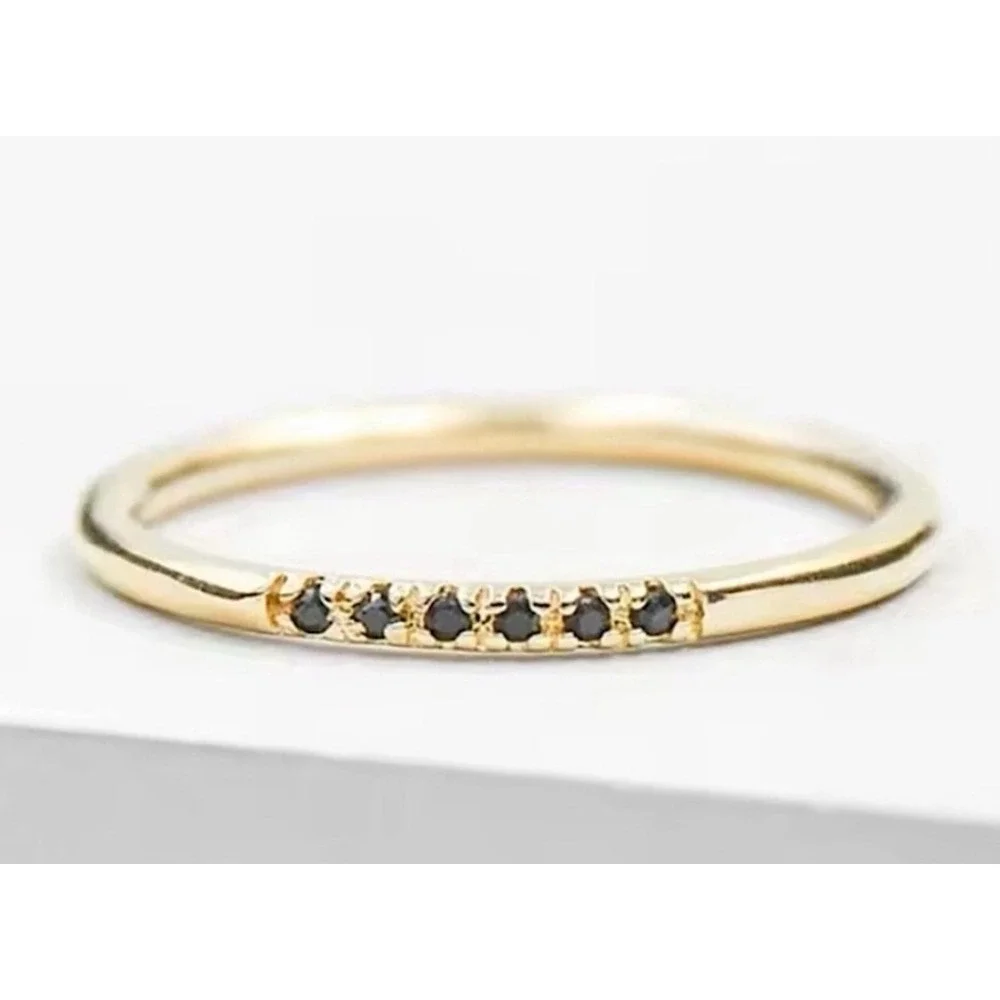 NEW Women's Dainty 14k Gold Plated S925 Black Melee Diamond Ring Size 6